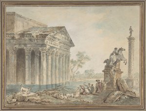 Arkitektonisk Capriccio med romerske monumenter og vaskekvinner, n.d.. av Manner of Hubert Robert