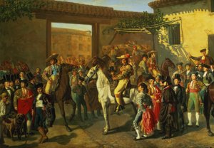 Hester i en gårdsplass ved tyrefekterarenaen før tyrefekten, Madrid, 1853 (detalj) av Manuel Castellano