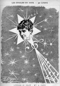 Adelina Patti (1843-1919), italiensk sanger. «The star of sing», tegneserie av tegneserieskaperen Manuel Luque. I "The Cartoon" fra 1886.