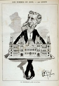 Tegneserie av M. Poubelle, prefekt for Seinen, som bærer rådhuset i Paris på et platå - Dess. av Luque, i "La Caricature"" av 13.08.1887¿