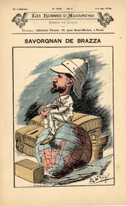 Forside av The People of Today, nummer 289, illustrasjon av Manuel Luque (1854-1919): Colonization Colonialism Colonies - Explorer, Pierre Savorgnan de Brazza (1852-1905) - Earth av Manuel Luque