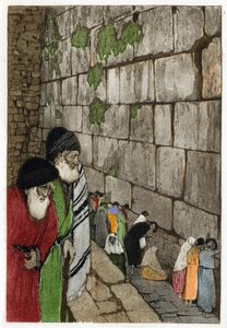 Jøder foran Klagemuren, den eneste resten av Jerusalems tempel bygget av kong Salomo i -950. Gravering av Manuel Orazzi (1860-1934), i "" L