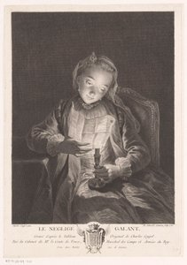 Jente som leser et brev ved levende lys Le neglige galant (tittel på objekt)