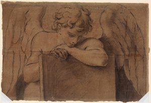 Tegneseriefragment for en engel som lener seg på et nettbrett eller en lukket bok, ca. 1690-95. av Marc Antonio Franceschini