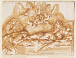 Design for et monokromt veggmaleri, Corpus Domini-kirken, Bologna, Italia, St. Caterina Vigris død av Marc Antonio Franceschini