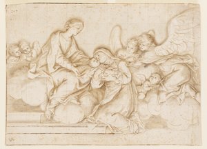 Design for et monokromt veggmaleri, Church of Corpus Domini, Bologna, Italia, St. Caterina Vigri mottar babe fra jomfruen av Marc Antonio Franceschini