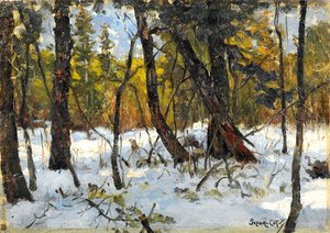 Skog om vinteren (olje på papir lagt om bord) av Marc Aurele de Roy Suzor Cote