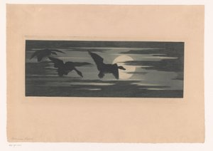 Tre ender vandrer forbi solnedgangen av Marc Henry Meunier (attributed to)