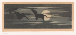 Tre ender som går forbi solnedgangen av Marc Henry Meunier (attributed to)