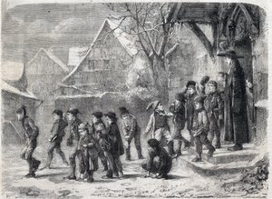 Ute av skolen om vinteren. Gravering etter et maleri av MB Vautier i "The Universe Illustrous" av Marc Louis Benjamin (after) Vautier