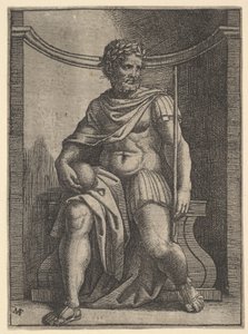 En romersk keiser som sitter i en nisje med en globus og septer og ser på sin..., ca. 1500-1534. av Marcantonio Raimondi