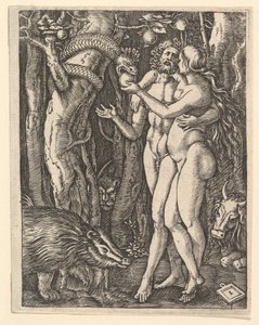 Adam og Eva med eple og slange, ca. 1500-1534.