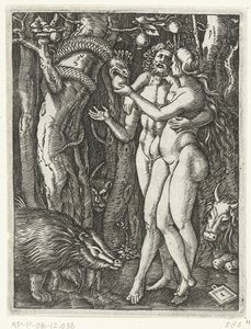 Adam og Eva ved syndefallet i paradiset Passion of Christ (serietittel) av Marcantonio Raimondi