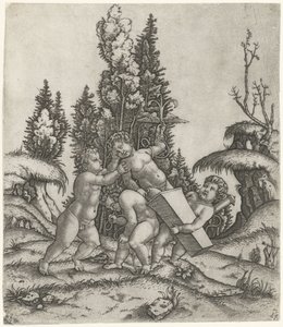 Amor og to putti eller barn bærer en statue av en putti med et bevinget anker på en sokkel av Marcantonio Raimondi