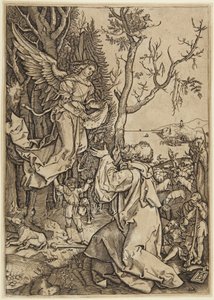 Engelen viser seg for Joakim, plate 2 fra Jomfru Marias liv av Marcantonio Raimondi