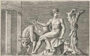 Apollo vokter flokken til Admetus Mytologiske representasjoner etter eldgamle basrelieffer (serietittel) av Marcantonio Raimondi