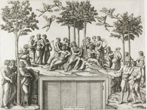 Apollo på Parnassus, omgitt av musene og poetene av Marcantonio Raimondi