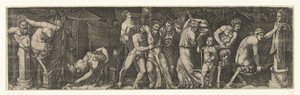 Bacchanal med en Drunken Bacchus, og Satyrs and Maenads av Marcantonio Raimondi