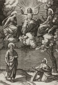 Kristus, jomfruen og døperen Johannes med de hellige Paulus og Katarina av Marcantonio Raimondi