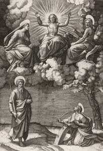 Kristus, jomfruen og døperen Johannes med de hellige Paulus og Katarina, 1520-25 av Marcantonio Raimondi
