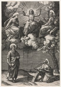 Kristus, jomfruen og døperen Johannes med de hellige Paulus og Katarina av Marcantonio Raimondi