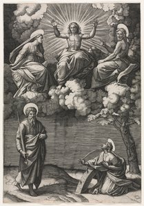 Kristus, jomfruen og døperen Johannes med de hellige Paulus og Katarina, ca. 1520-1525. av Marcantonio Raimondi