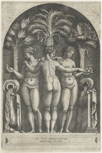 Three Graces står i en nisje foran tre palmetrær og flankert av mugger som det renner vann fra. av Marcantonio Raimondi