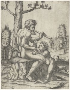 Faun med fløyte spiller med barn av Marcantonio Raimondi