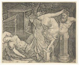 Fragment av Bacchanal med Satyr Woman og Herme og Sleeping Bacchante av Marcantonio Raimondi
