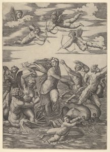 Galatea stående i en vannvogn trukket av to delfiner, omgitt av tritoner, nere..., 1515-16. av Marcantonio Raimondi