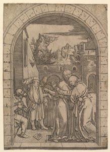 Joachim omfavner Saint Anne under den gyldne porten i Jerusalem, etter Dürer, ca. 1500-1534. av Marcantonio Raimondi