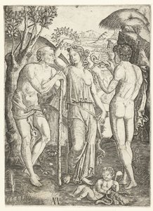Ung kvinne med krans av blader som står mellom gammel mann som lener seg på pinne og ung mann med drage og barn av Marcantonio Raimondi