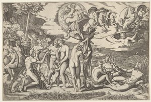 Paris-dommen: Paris strekker ut hånden mot Venus, som står mellom Juno og..., ca. 1520-50. av Marcantonio Raimondi
