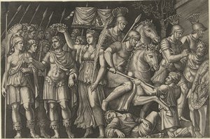 Keiser Trajan kronet av Victoria står ved siden av kvinnelig personifisering av Roma og romerne som kjemper mot daciere av Marcantonio Raimondi