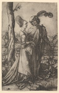 Herre og dame går med dødsfigur gjemmer seg bak et tre, holder en time..., ca. 1500-1534. av Marcantonio Raimondi