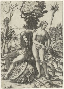 Mars og Venus som et par forelsket i Amor av Marcantonio Raimondi