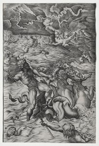 Neptun beroliger stormen som Aeolus reiste mot Aeneas sin flåte av Marcantonio Raimondi