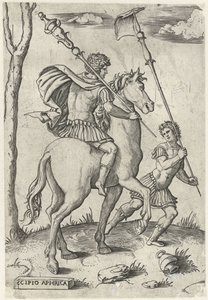 Romerske generaler Scipio Africanus Maior til hest og Scipio Africanus Minor Romerske helter på hesteryggen (serietittel) av Marcantonio Raimondi