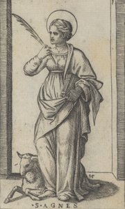 Saint Agnes står og holder en håndflate i høyre hånd, en sau nede til venstre, fra..., ca. 1500-1527. av Marcantonio Raimondi