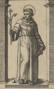 Den hellige Antonius av Padua står, liljer i høyre hånd, en bok i ..., ca. 1500-1527. av Marcantonio Raimondi