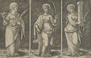 Saint Barbara venstre, Saint Catherine, sentrum, Saint Lucy til høyre, ca. 1500-1527., ca. 1500-1527. av Marcantonio Raimondi
