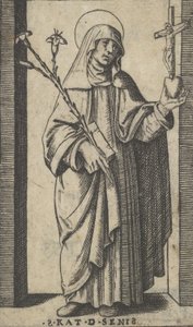 Den hellige Katarina av Siena står og holder blomster og bok i høyre hånd, en h..., ca. 1500-1527.