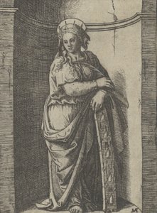 Saint Catherine stående i en nisje, hvilende på et hjul, hennes torturinstrument..., ca. 1500-1527. av Marcantonio Raimondi