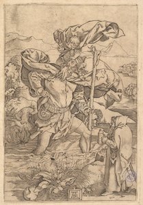 Saint Christopher krysser elven med Kristus i form av en putto på hans sh..., ca. 1500-1534. av Marcantonio Raimondi
