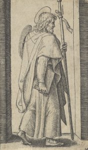 Saint James Major, boken er hans høyre hånd, staven i venstre vendt mot høyre, fra t..., ca. 1500-1527. av Marcantonio Raimondi