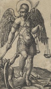 Saint Michael holder vekter og en lanse, en demon under seg, fra serien 