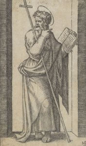 Saint Philip, bok i venstre hånd, stav hvilende på venstre arm, fra serie..., ca. 1500-1527. av Marcantonio Raimondi