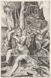 Satyr ser på en nymfe under toalettet hennes Pan og Syrinx av Marcantonio Raimondi