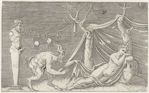 Satyr forfølger en sovende nymfe Mytologiske representasjoner etter eldgamle basrelieffer (serietittel) av Marcantonio Raimondi
