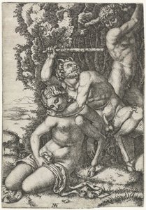 Satyr og ung mann slåss om nymfe av Marcantonio Raimondi
